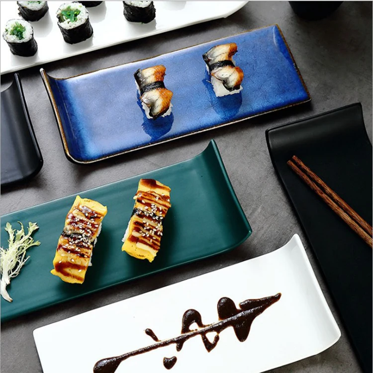 

2020 new trend Japanese creative rectangular flat ceramic sushi dessert plate home breakfast dish plate, Black,white,green,blue