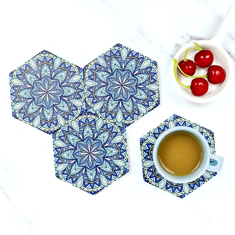 

OEM/ODM custom mandala printing hexagon shape decorative tea kitchen table coffee cup mats and placemats ceramic coasters set