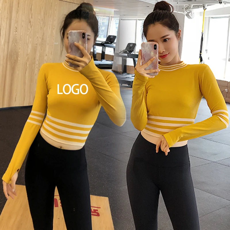 

Striped Long Sleeves Design Fitness Yoga Wear Highly Breathable Gather Yoga Bra Gym Womens Sexy Sports Tank Top, 3 colors
