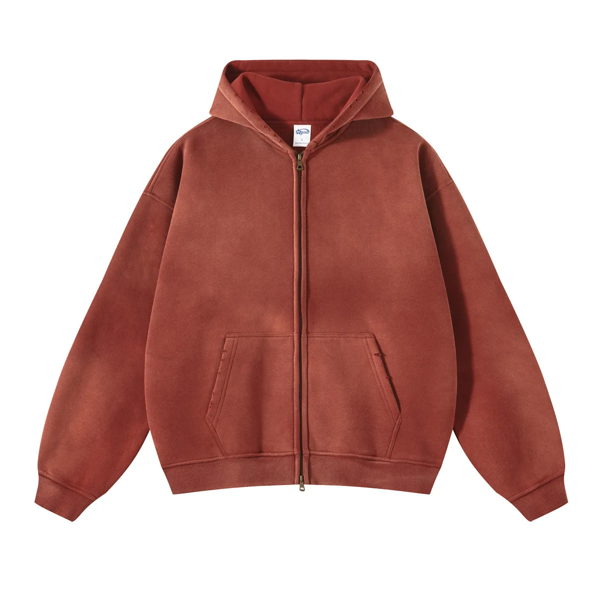 Hip-Hop Acid Stone Wash Pull-Zip Pullover Hooded Sweatshirt Zipper Distressed Heavyweight Oversize Top for Men Fall Winter