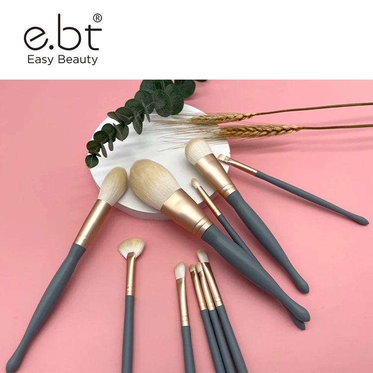 

E.bt09#Private label New Arrival 10pcs grey synthetic hair custom cosmetics makeup brush set vegan