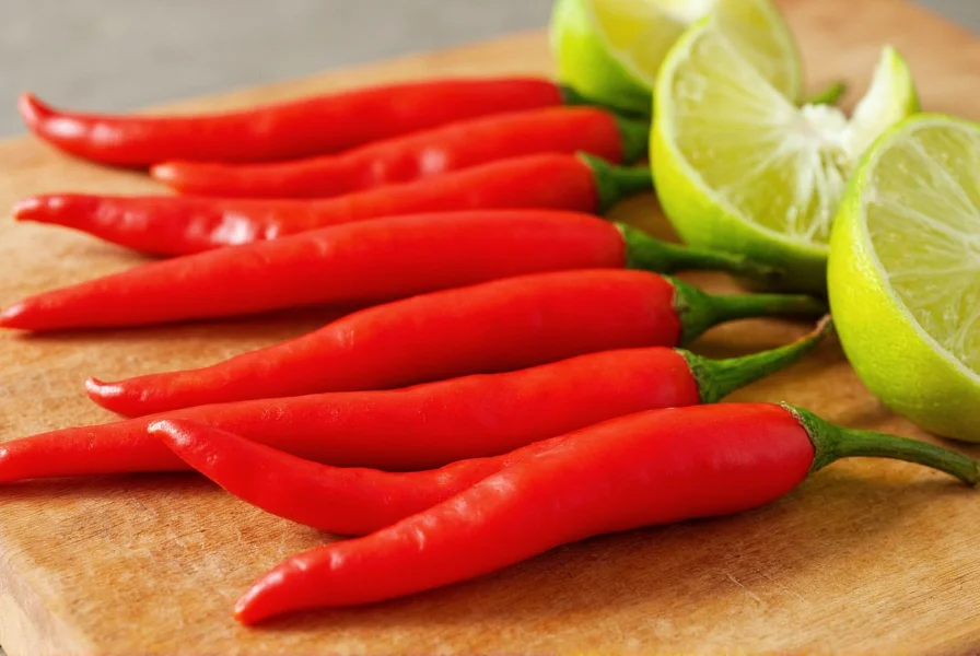 Close-up of fresh red chili peppers and lime wedges arranged on wooden cutting board
