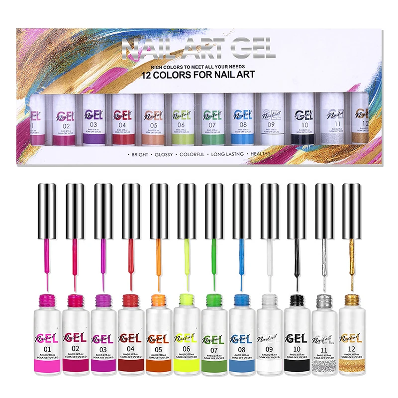 

Private Label 12 Colors Soak Off Uv Led Pastel Platinum Spider Gel Liner Nail Art Paint Polish Kit Set, 12 color