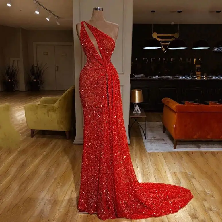 

PJ2384A High quality new style dresses sequined sexy one shoulder red evening dresses