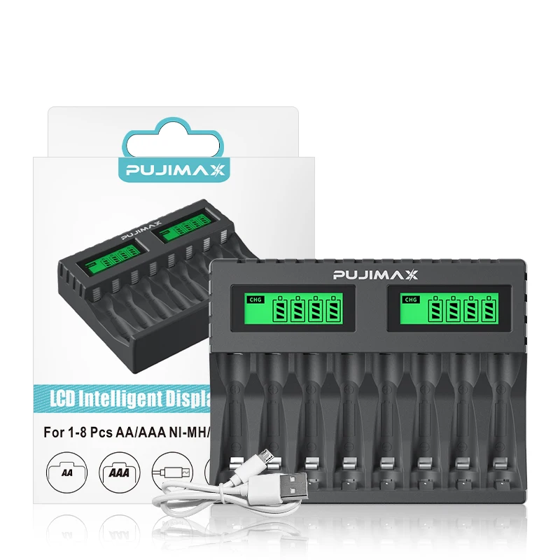 PUJIMAX 8-slot Battery Charger AAA/AA Rechargeable Battery Short Circuit Protection LED Display Ni-MH/Ni-Cd USB Charger, Black/white