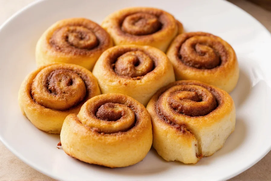 Perfectly baked cinnamon rolls with golden crust and visible swirls on white plate