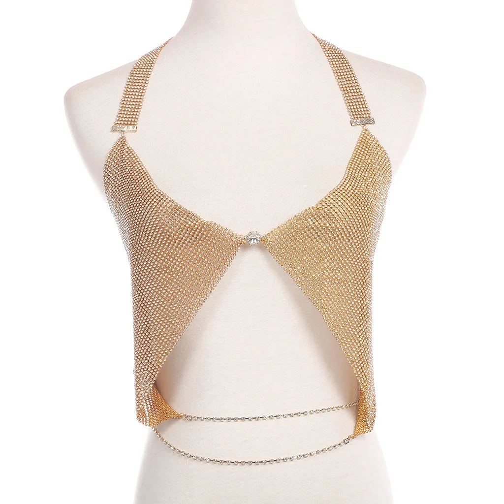 

B36161A Women's Sexy Chain Halter open sequin bodychain tank top Sequin Crop Top