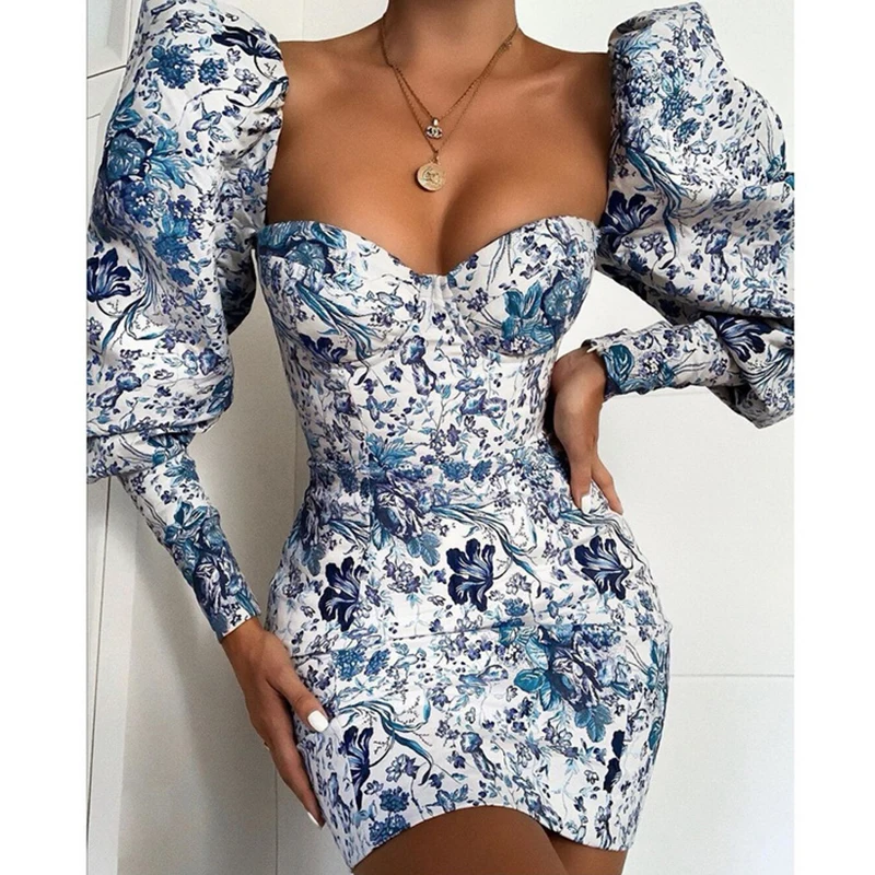 

New Style Fashion Print Puff Sleeve Wrap Slim Fit Shirt Dress