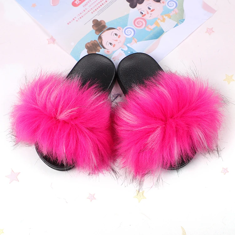

Hot Sale Mixed Colors Baby Toddler Sandals Real Fox Fur Slippers Raccoon Fur Furry Cute Kids Fur Slides Wholesale with Strap, Light brown, dark brown, white pink purple