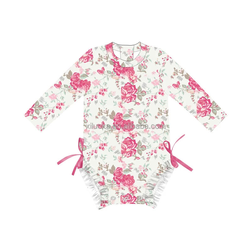 

2021 Outdoor Girls' Long Sleeve Swimsuit Baby Color Floral Print One Piece Rompers With Wooden Ears, Picture