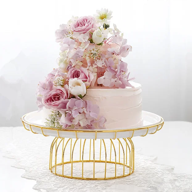 

golden wrought iron cake tray with high foot glass cover dessert tray display shelf tray tasting plate, Natural
