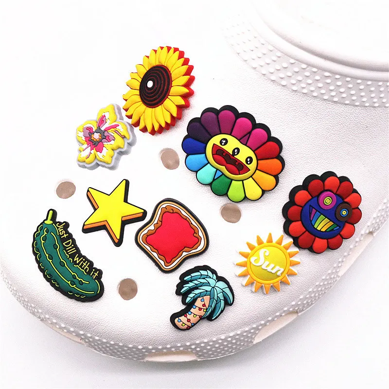 

Designs available promotional cartoon sunflower chrysanthemum rubber clog croc shoes decoration charms pvc charm for croc kids, Customized