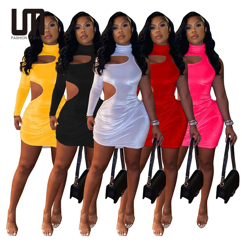 

Popular Design Spring Women Sexy Solid Color High Neck Single Sleeve Club Bodycon Mini Dress