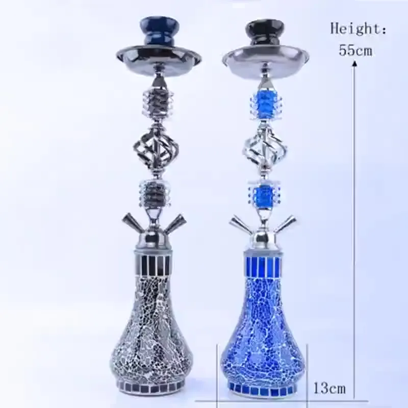 

new style big hookah set shisha flavors double hose base glass crack shape vase stainless steel large hookah set, Blue,black