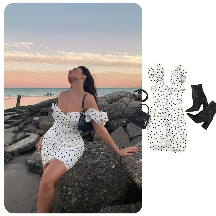 

Party Wear White Color Dot Fashion Design Sexy Sleeveless Drop One Shoulder Ruffles Pleated Mini XS Night Club Dresses, In available