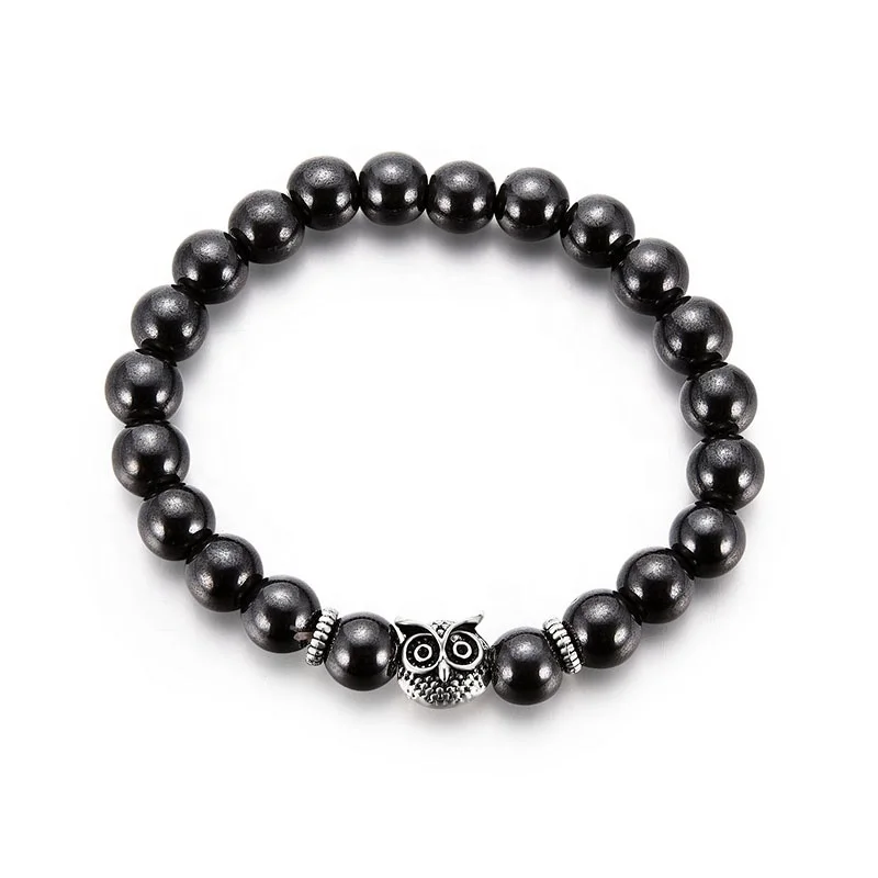 

PUSHI cheap under a dollar high quality animal bracelet Hematite round beads black charm stone owl bracelet black