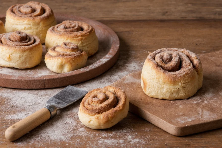 Historic baking tools next to modern cinnamon rolls on wooden table