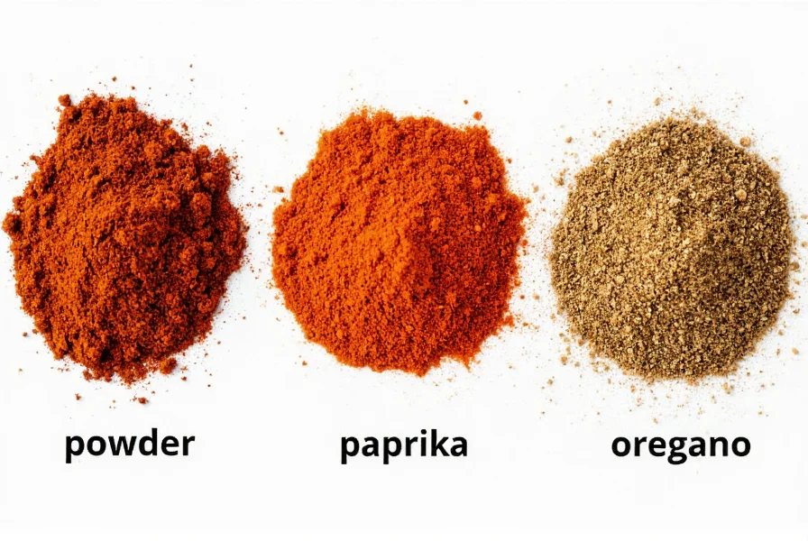 Mexican spices arrangement showing chili powder, paprika, and oregano as cumin substitutes for tacos and chili recipes