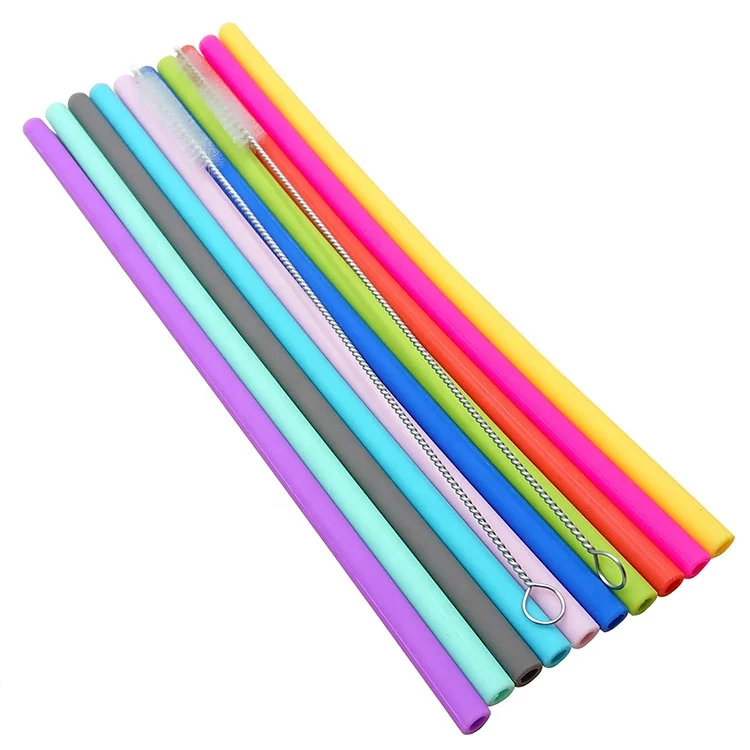 

Long Slender Flexible Smoothie Silicone Straw With Cleaning Brushes, Regular or custom color