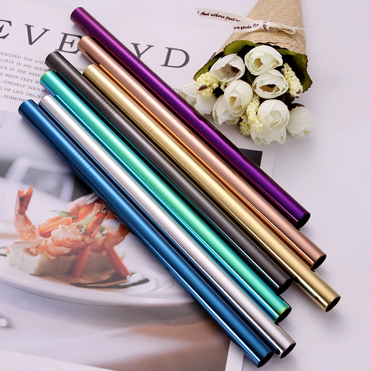 

215x12mm Eco friendly Cocktail Boba Reusable Bubble Tea Stainless Steel Non Plastic Straws, Silver, black, rainbow, gold, rose gold, blue, purple