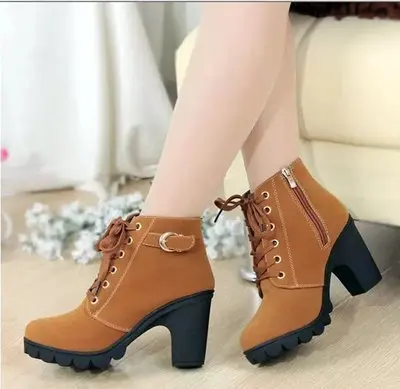 

2021 Winter new women high heel shoes boots cross short rough heel comfortable boots leather boots spot