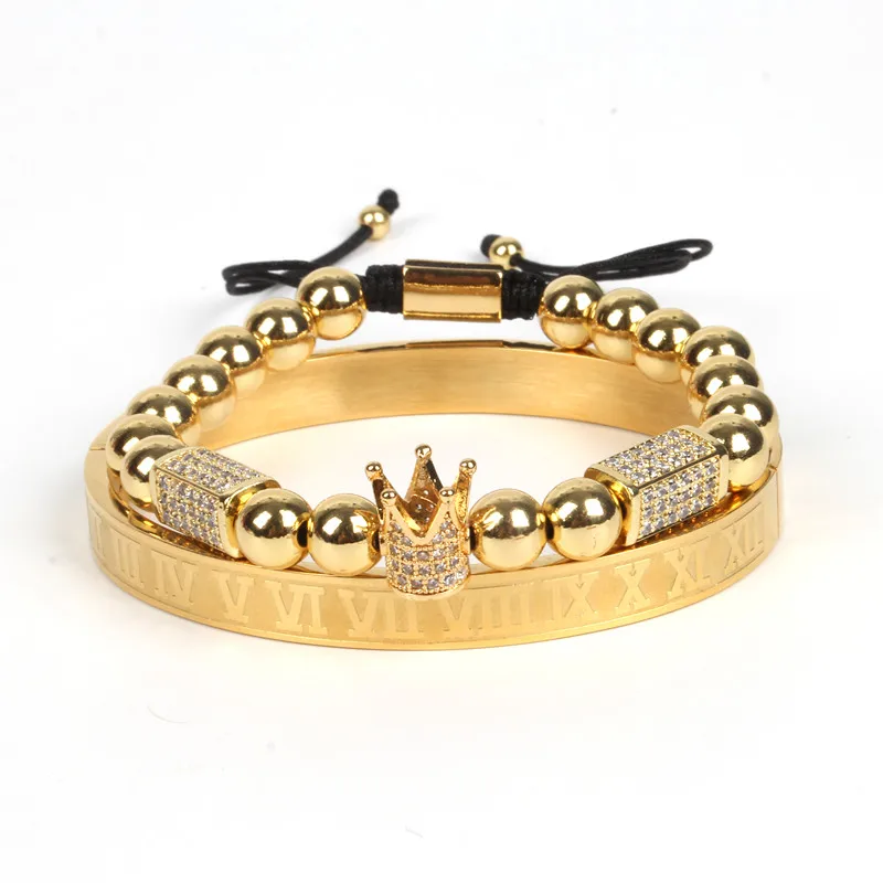 

2021 Super September Promotion Luxury 2Pcs/Set Stainless Steel Roman Bangle 18K Gold Copper Bead Royal King Crown Bracelet Set