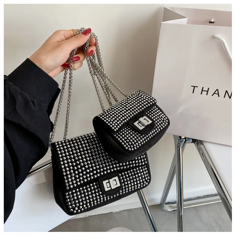 

TS9285 2021 Fashion Bling Korean Style Ladies Handbags Cross Chain Designer Girl Purses Women Shoulder Small Luxury Rhinestone