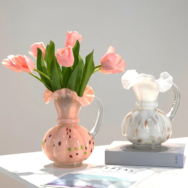 American Retro Crystal Vase Simple Pleated Lace Modern Glass Pot for Flower Arrangement Table Decoration Floral Gift Ornament