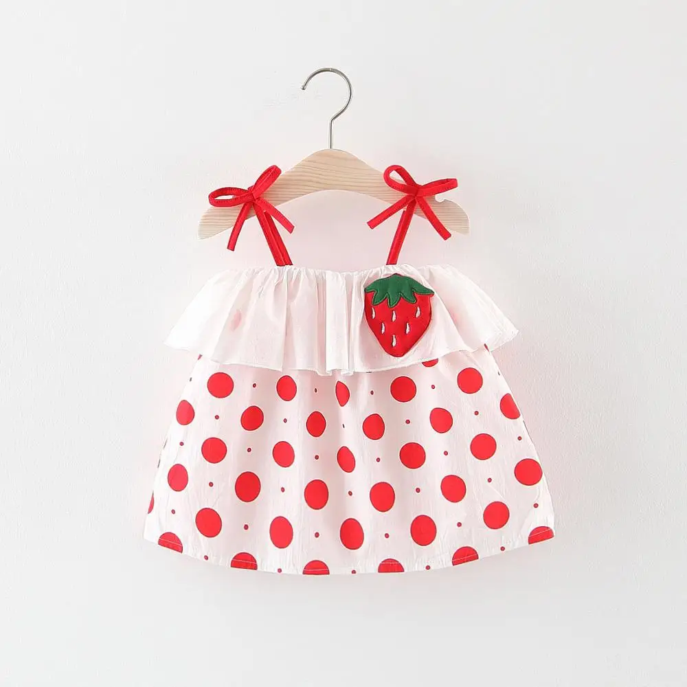 

Summer Cotton Fabric Dress Sleeveless Baby Girls Strawberry Poached Egg Printed Dress, Pink / yellow / red / white / orange