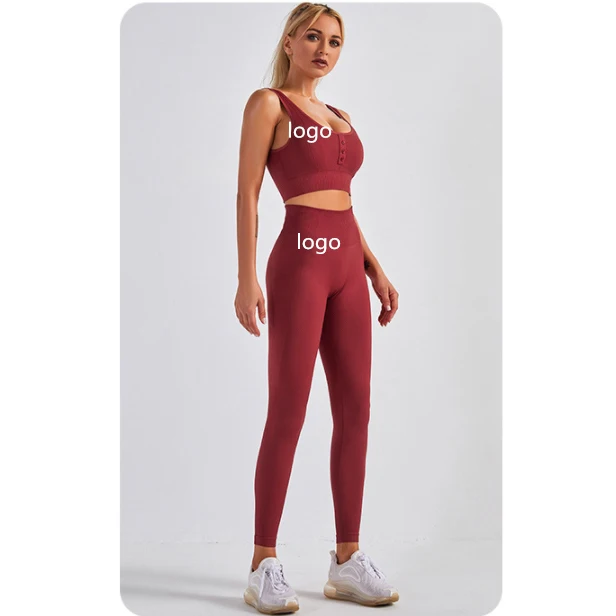 

custom logo Wholesale 2021Women's yoga sets fitness Button bra High waist trousers low MOQ, Solid