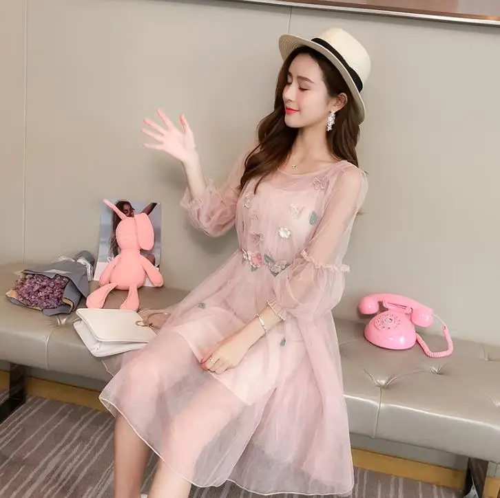 

zm40279v Popular skirt western style super fairy waist dress female sweet net yarn belt skirt two sets, Beige,pink,gray