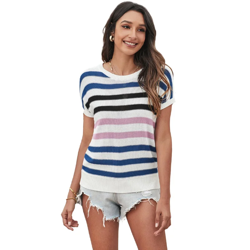 

New Design Summer Shirts Stripes Knit Tops For Women 2021