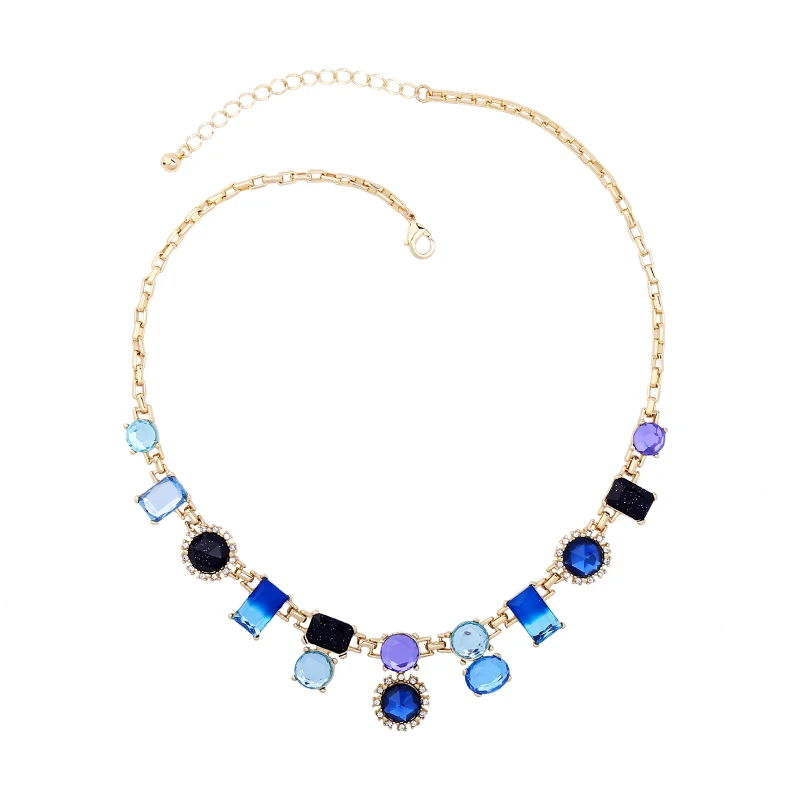 

xl00889b Shiny Gold Color Sea Blue Glass Charm Gem Choker Statement Necklace