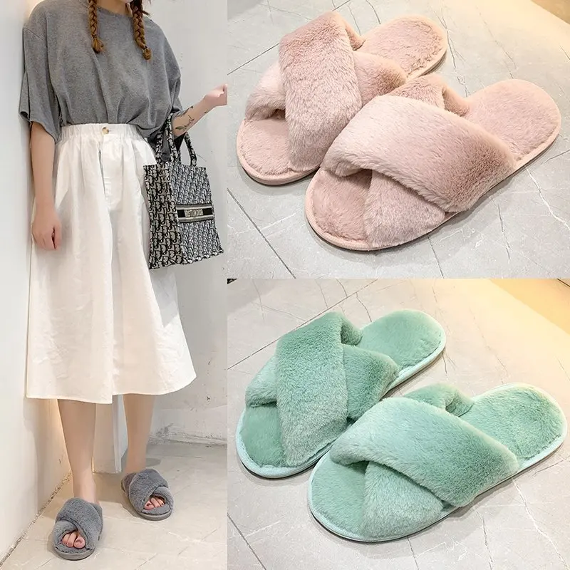 

Hot style cross plush 2021 autumn/winter new indoor thermal cotton padded leaky toe wool slippers non-slip cotton drag, White/grey/black/pink/green/purple