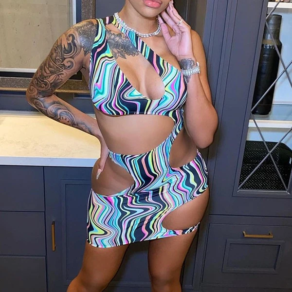 

2021 Woman Club Wear Outfit Hollow Out Design Print Short Dress Sexy Women Summer Nightclub Dresses Club Dresses, Blue