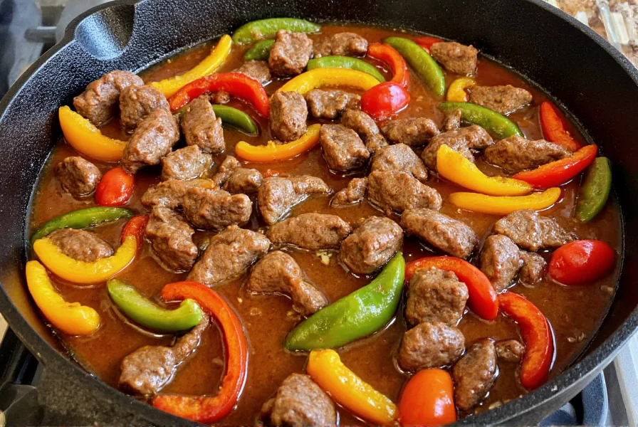 Homemade pepper steak with colorful bell peppers and glossy sauce in cast iron skillet