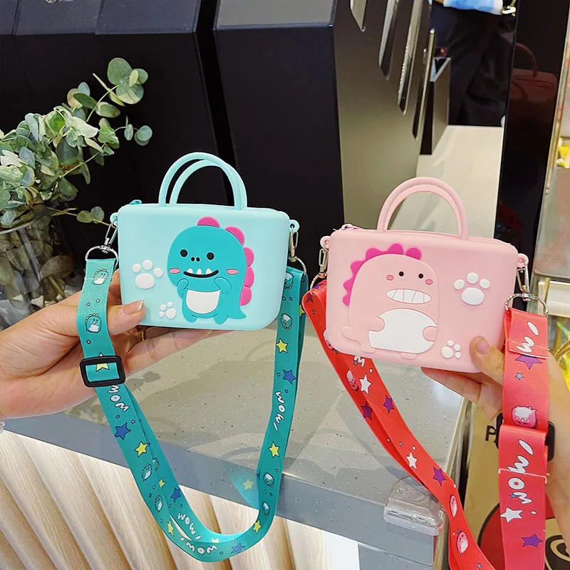 

2022 New Arrival INS Korean Designer Dinosaur Cute Animal Promotional Silicone Coin Wallet Bags For Kids With Strap, 5 colors