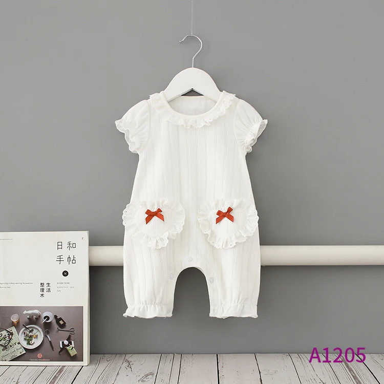 

wholesale boutique baby clothes crew neck bow knot flare sleeve short sleeve romper summer romper