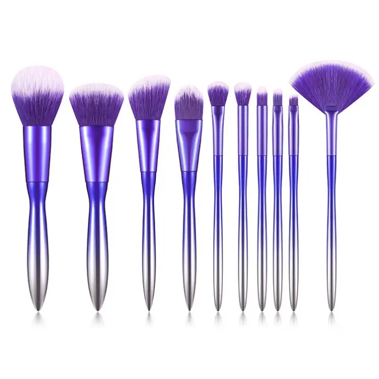 

Wholesale Professional 10 pcs Plastic Plating Handle Blush Make Up Brushes Girls Daily Makeup Brush Set With Case, Colorful