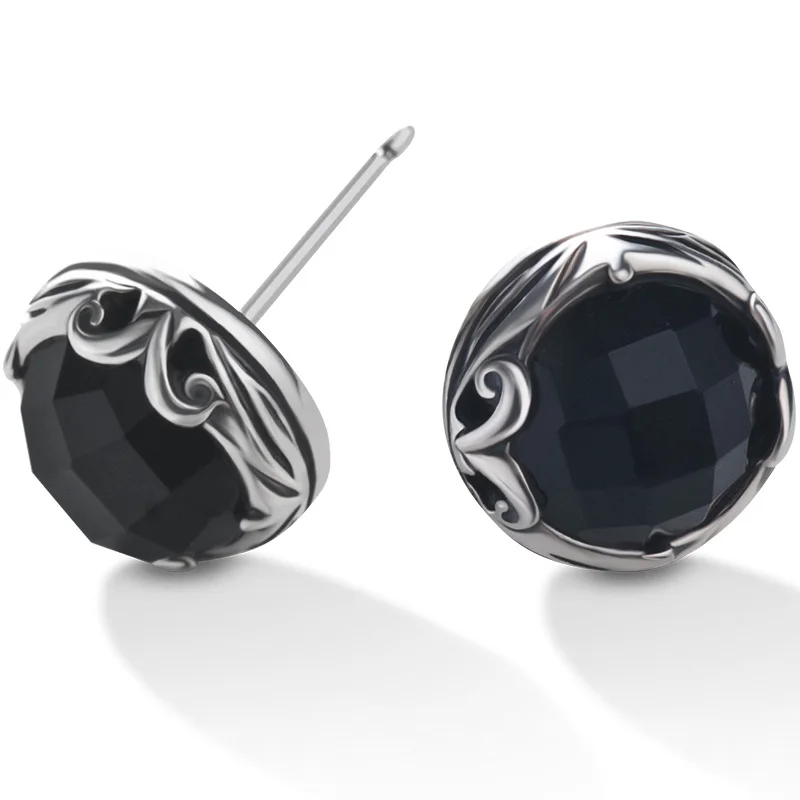 

European Fashion Round Diamond Stud Earrings Black Onyx Stud Earrings For Lady