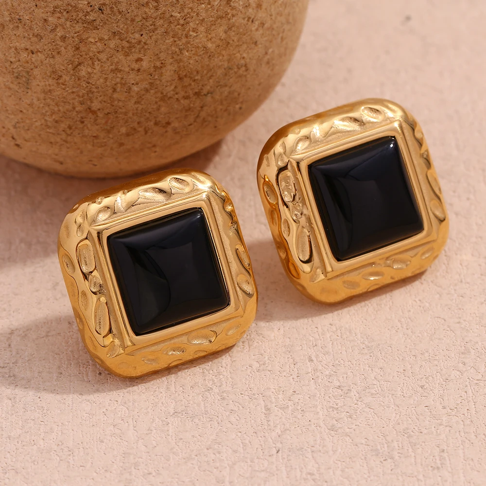 Dropshipping  Hammered Square Black Acrylic Stud Earrings Waterproof Gold Plated Stainless Steel Jewelry