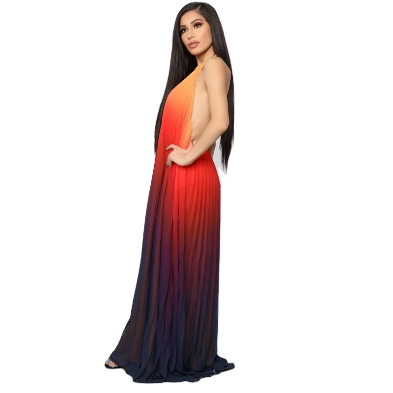 

2020 Women Clothing Gradient Dress Pleated Backless Dress