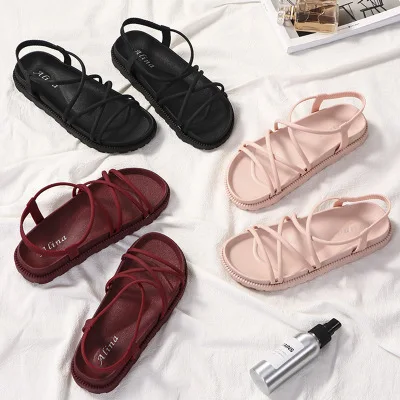 

new style female casual summer sandals outdoor beach flat Roman slides shoes for women, Black,red.pink