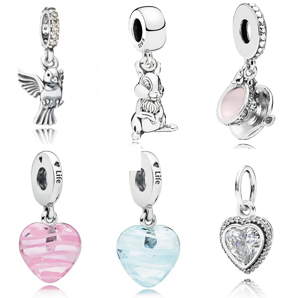 

NEW 100% 925 Silver Jewelry Shiny Love Pendant Charming Cup Shake Blue Pink Ribbon Heart Pendant For Original Bracelet