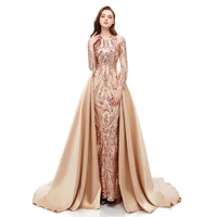 

Blue/Red/Rose Gold/Green Custom Made Size High Neck Long Sleeve Prom Dresses 2019 Muslim Sequins Party Dress Detachable Skirt