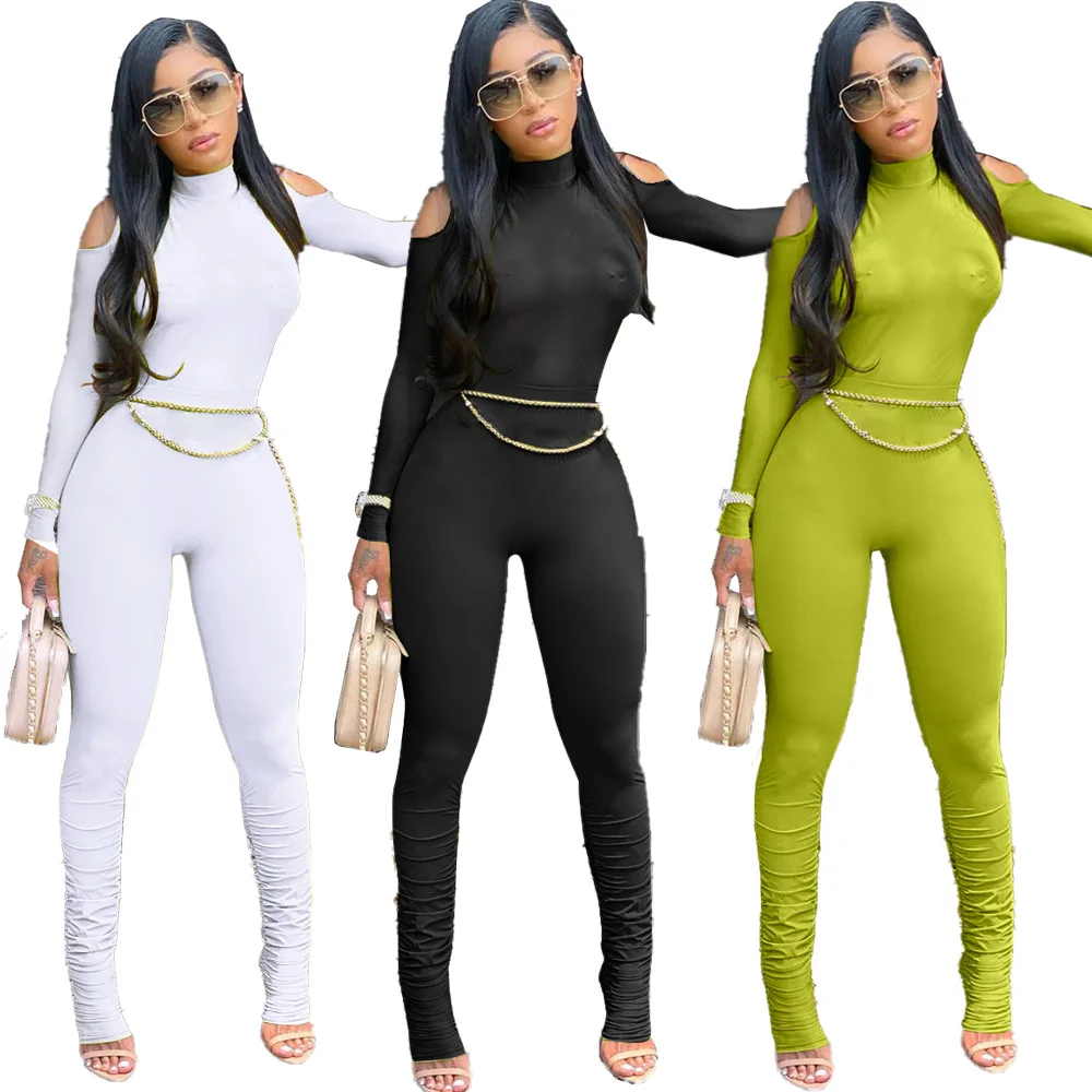 

JC7029 Wholesale fall turtleneck long sleeve onesie for women bodycon pleated sexy rompers for women solid chain women jumpsuit