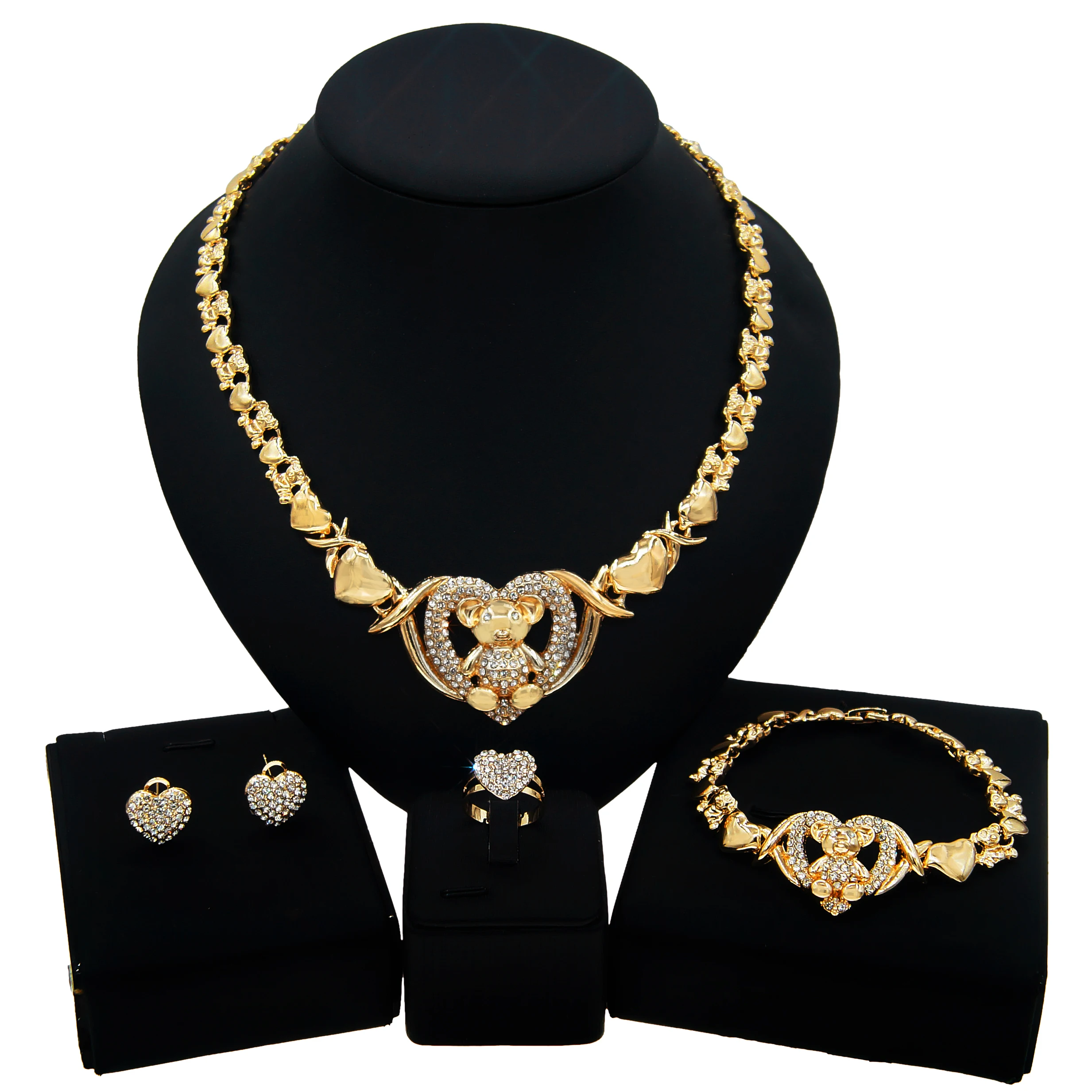 

Yulaili I Love You Big Teddy Bear Heart Hug and Kiss Xoxo Jewelry Sets Costume Crystal American Gold Plated Jewelry Set X0105