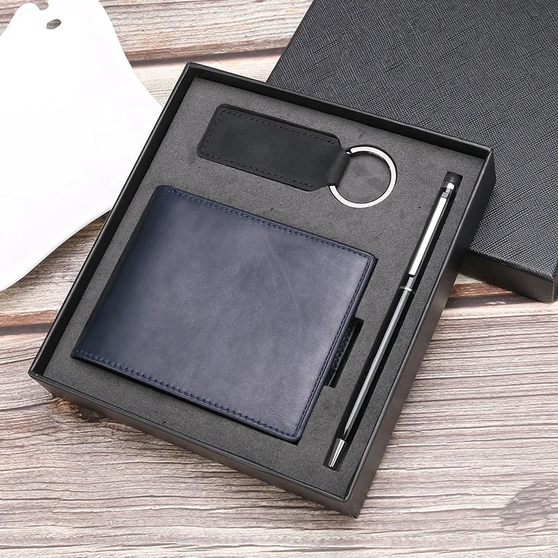 

Amazon promotion wholesale wallet gift set fashion pen set in gift box delicate leather wallet gift set, Blue