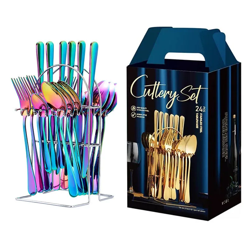 

Amazon Hot Colorful Flatware 24-piece Set Shelf Gift Box Western Knife Fork Spoon Rainbow Stainless Steel Cutlery Set, Sliver, gold