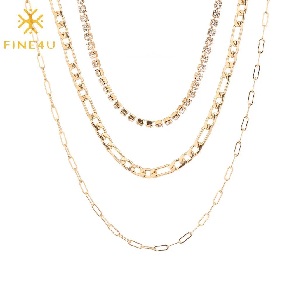 

Fashion Jewelry Multi Layer Tennis Figaro Paperclip Chain Gold Plated Bling Necklace Set Hip Hop Street SNAKE Chain Necklaces